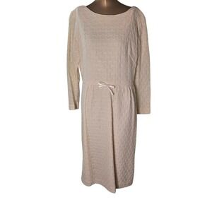 Vtg 70s Girlhoodcore ILGWU Bow Detail cream textured knit midi dress  size 18